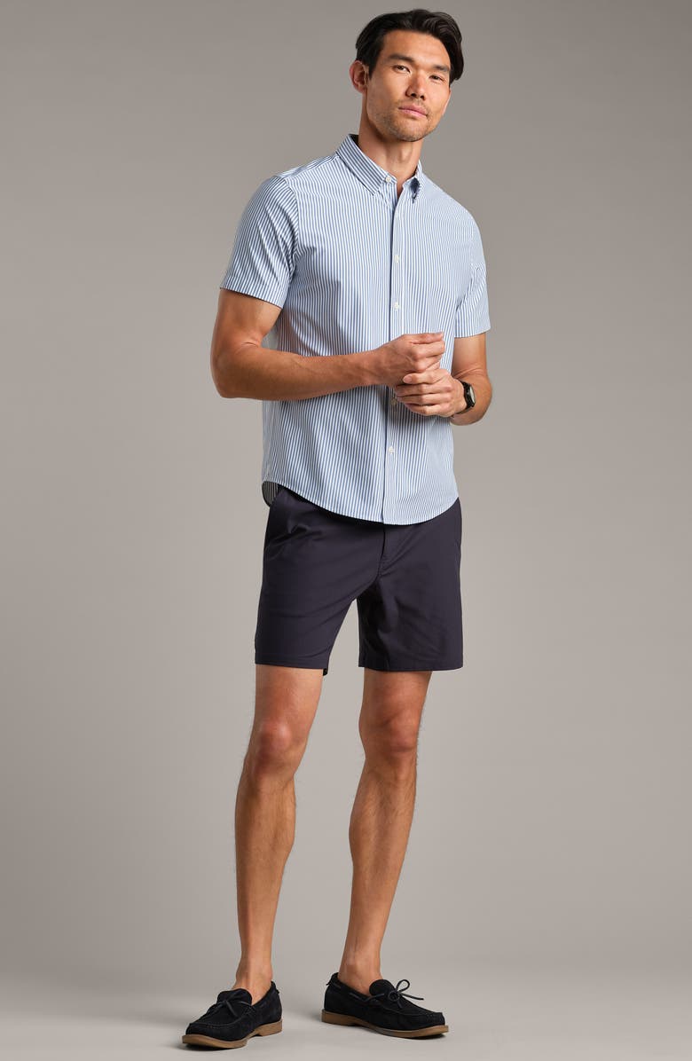 Rhone Commuter Short Sleeve Performance Button-Down Shirt, Alternate, color, Dark Blue Wide Stripe