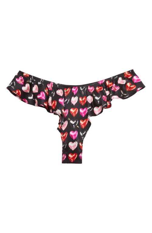 Fleur Du Mal Luxe High Leg Flutter Silk Blend Thong In Black Mini Heartbreaker Print