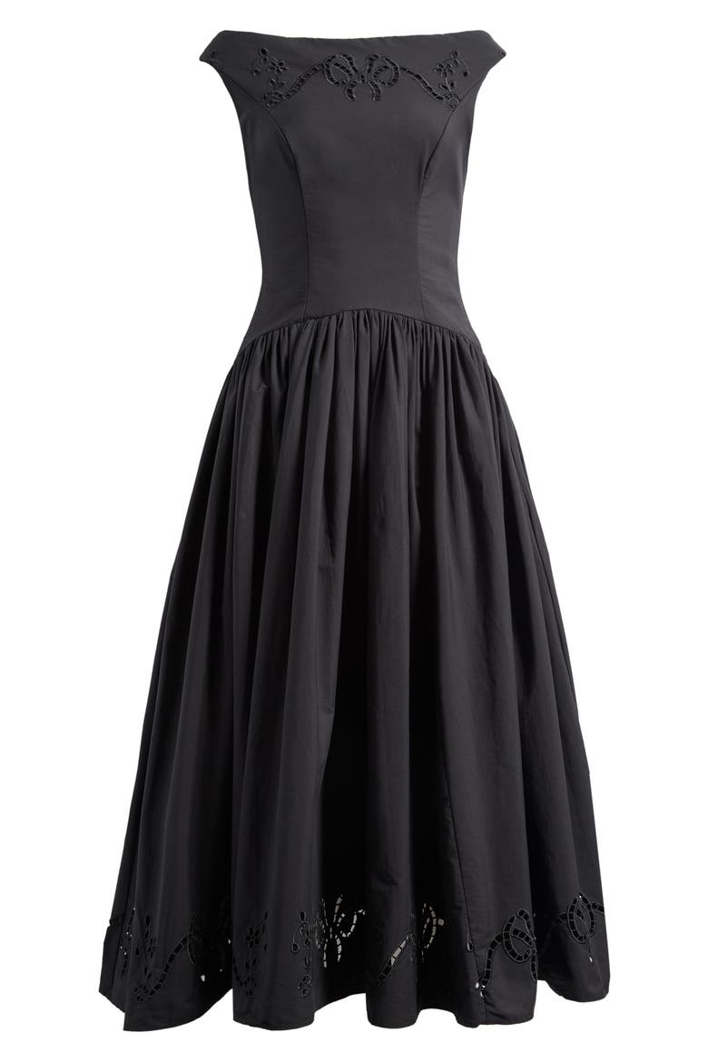 Lauren Embroidered Cotton Blend Midi Cocktail Dress, Alternate, color, BLACK