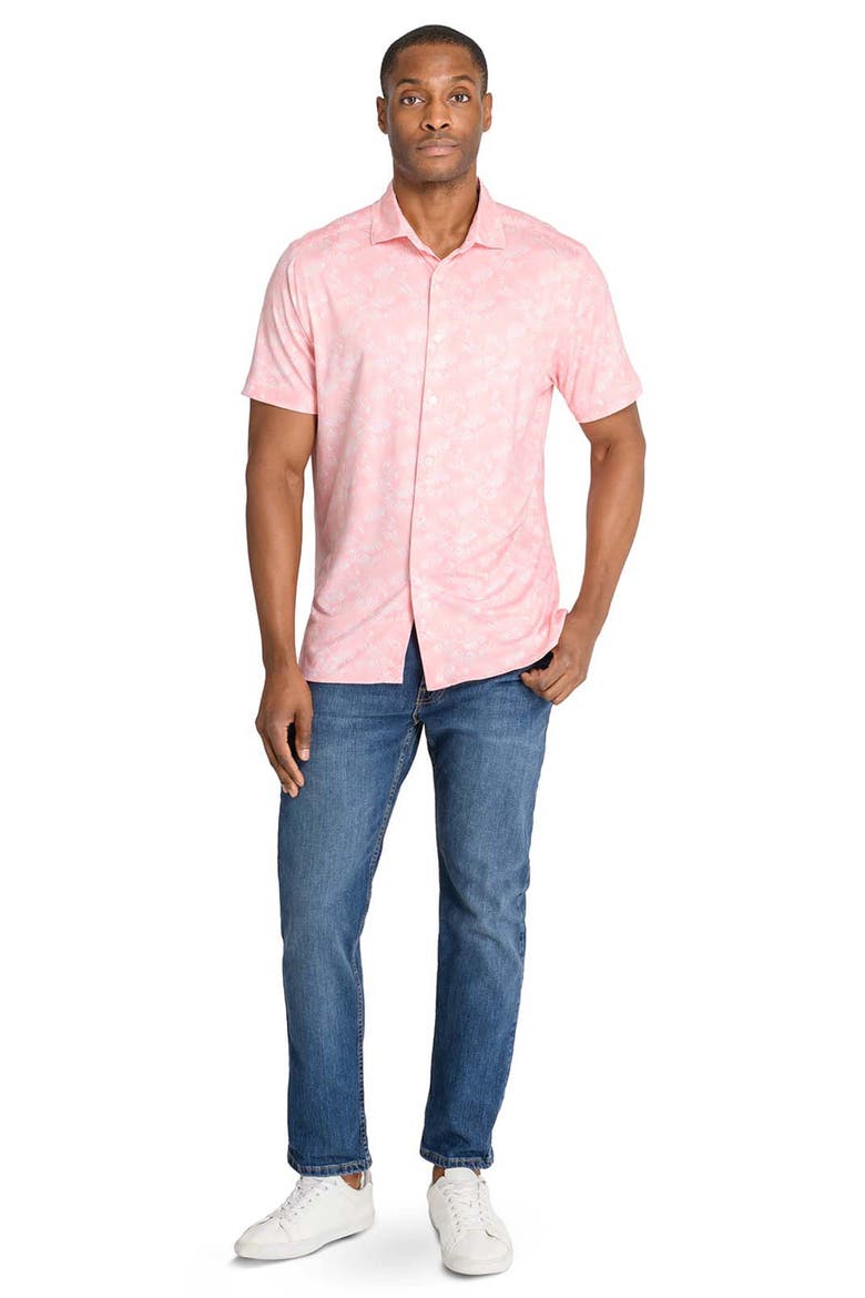 Trim Fit Floral Print Short Sleeve Button-Up Shirt, Alternate, color, CORAL