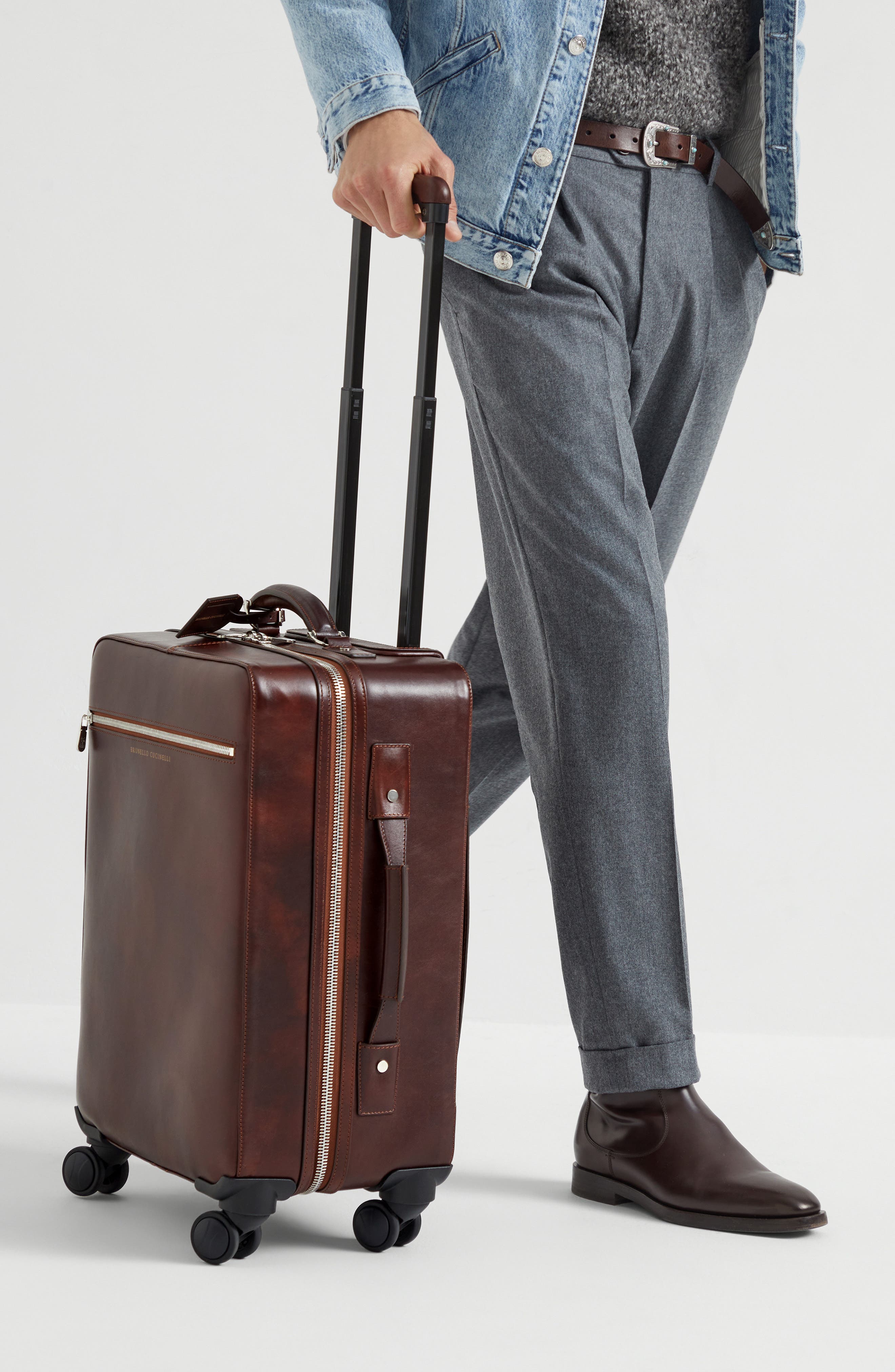 Brunello Cucinelli Burnished calfskin suitcase, Alternate, color, Burgundy