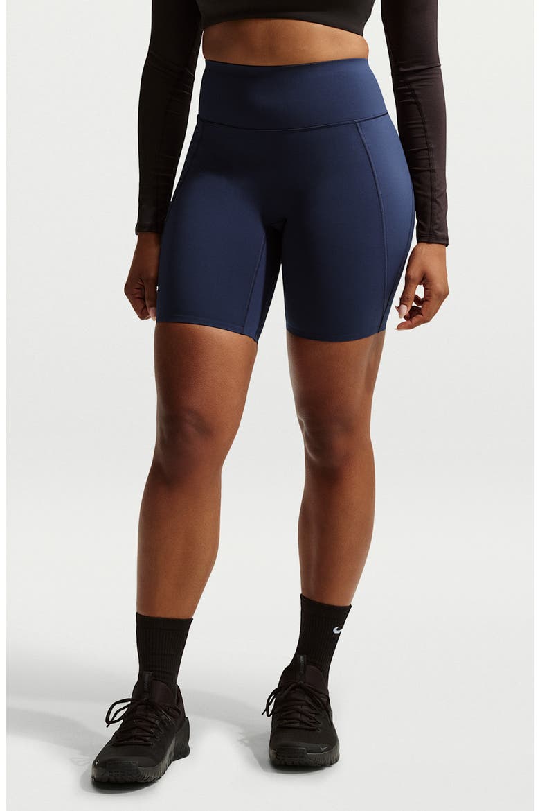 Universa Medium-Support High-Waisted Pocket Biker Shorts, Main, color, MIDNIGHT NAVY/ DARK OBSIDIAN