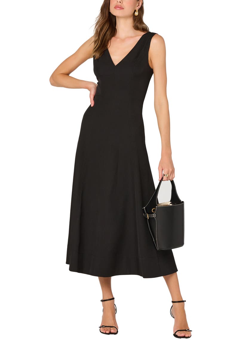 V-Neck Midi Dress, Main, color, BLACK