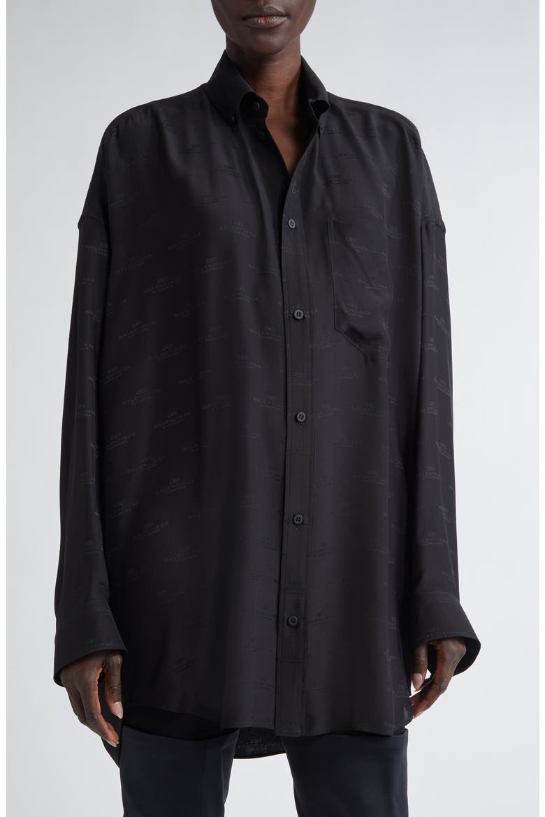 BB Monogram Cocoon Silk Button-Down Shirt, Main, color, 1000 BLACK