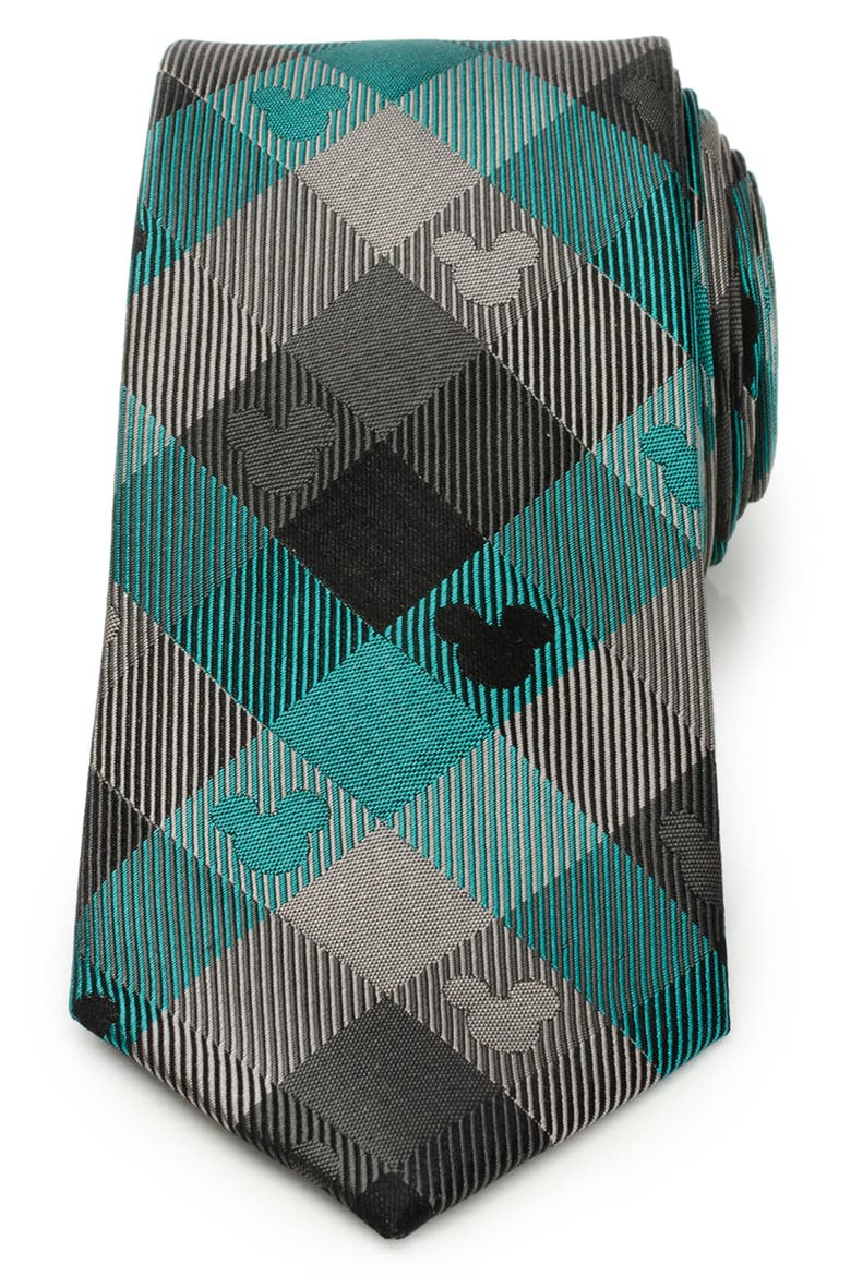 x Disney Mickey Silhouette Plaid Silk Tie, Main, color, TEAL