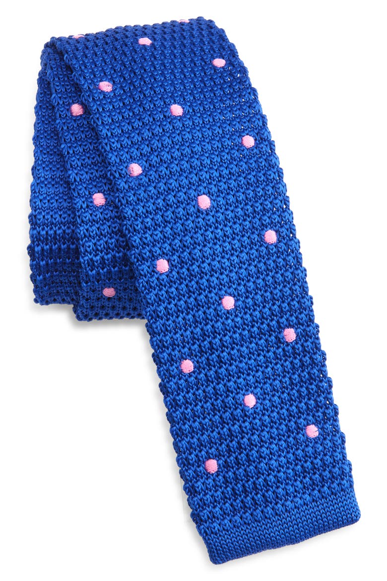 Royal Blue & Pink Polka Dot Knit Silk Tie, Main, color, ROYAL BLUE