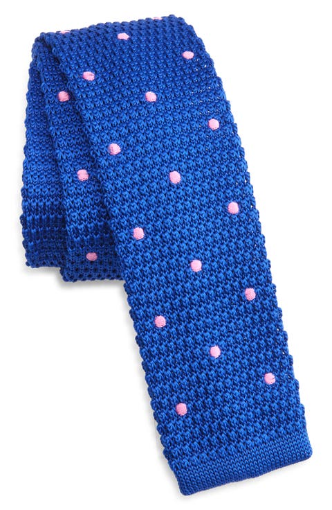 Royal Blue & Pink Polka Dot Knit Silk Tie