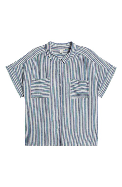 CASLONR CASLON(R) STRIPE SHORT SLEEVE LINEN BLEND BUTTON-UP SHIRT 