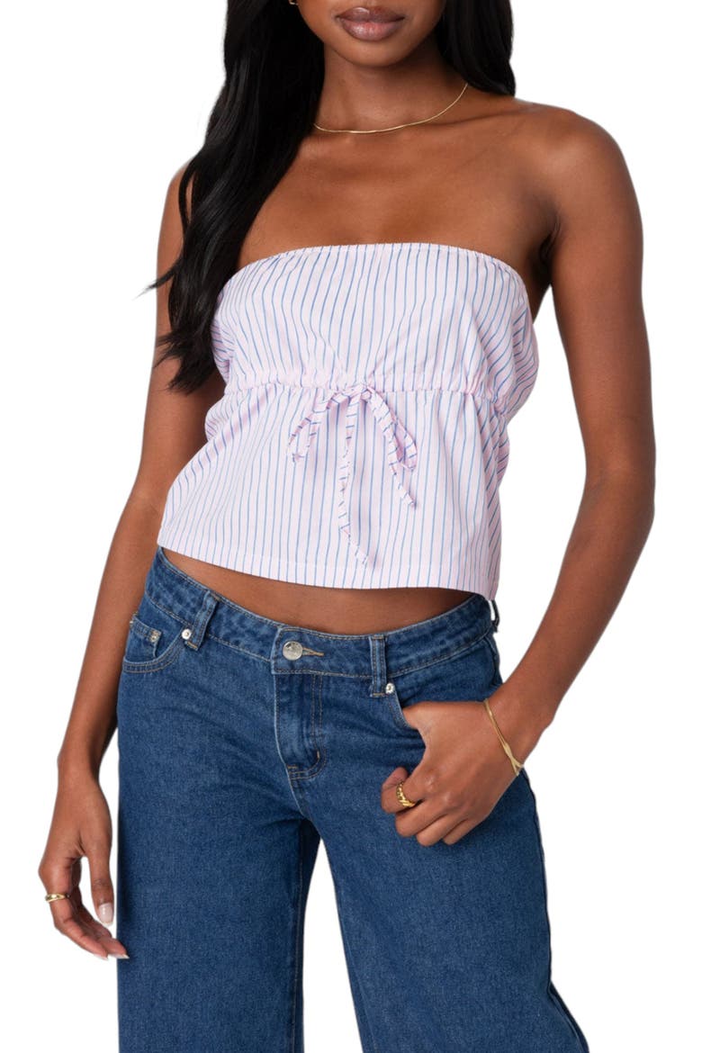 Augusta Pinstripe Strapless Peplum Crop Top, Main, color, LIGHT-PINK
