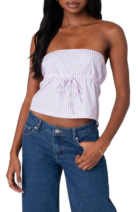 Augusta Pinstripe Strapless Peplum Crop Top