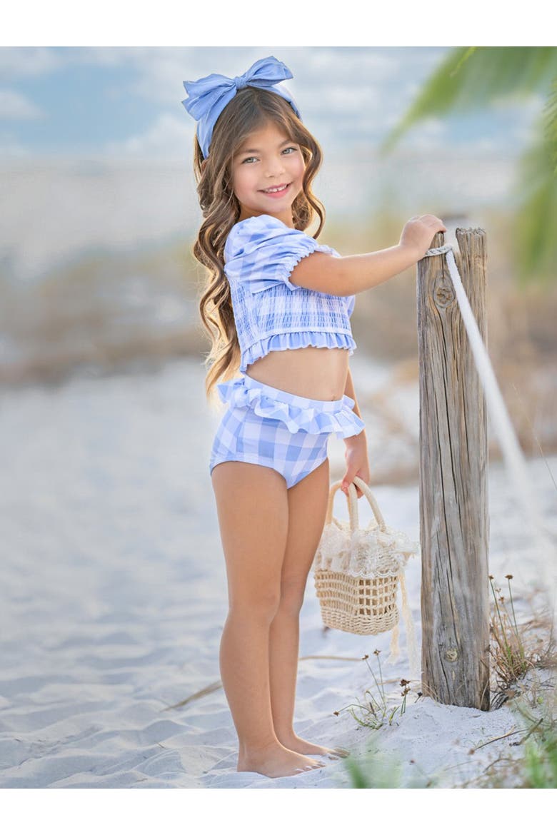 Girls Blue Skies Gingham Puff Sleeve Two-Piece Swimsuit, Alternate, color, Blue
