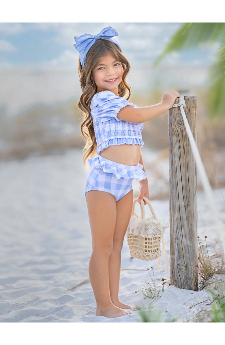 Mia Belle Girls Girls Blue Skies Gingham Puff Sleeve Two-Piece Swimsuit, Alternate, color, Blue