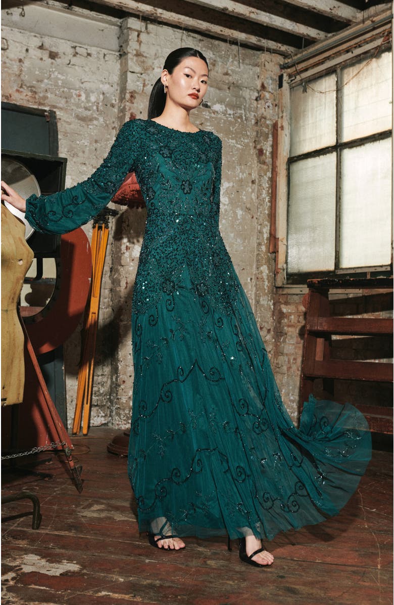 MARYISA Occasion Modest Embellished Sequin Beaded Crew Neck Evening Dress, Alternate, color, 