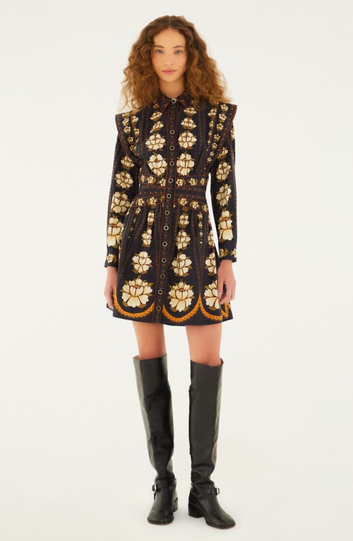 Farm Rio Black Embroidered Flowers Long Sleeve Organic Cotton Mini Dress In Blue