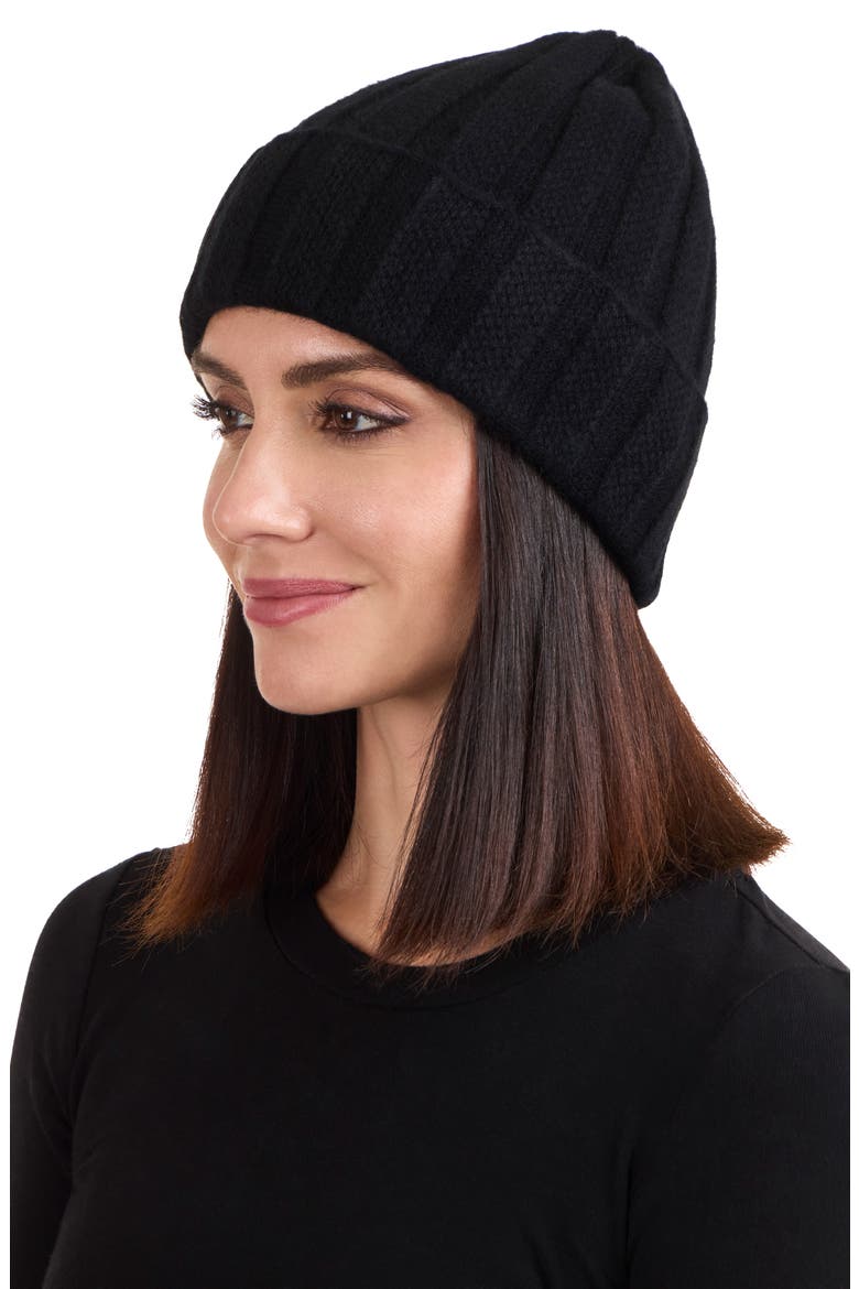 Cable Stitch Cuffed Cashmere Beanie, Alternate, color, BLACK