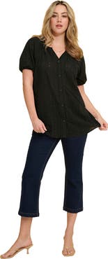 Roaman's Plus Size Shirred Eyelet Button Front Blouson Tunic