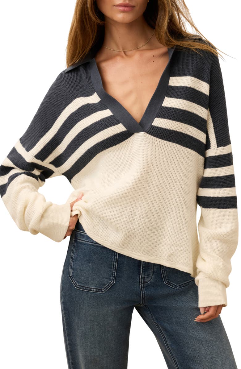 Faherty Stripe Organic Cotton & Cashmere Johnny Collar Sweater, Main, color, Pier Waves