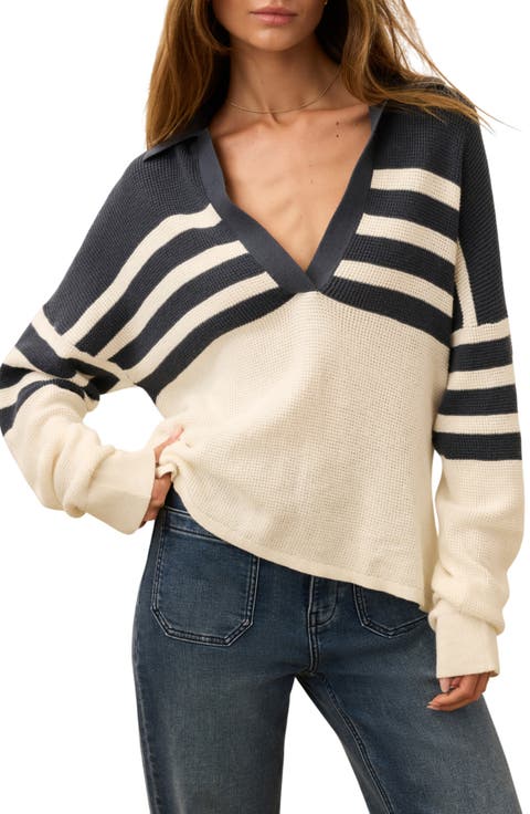 Stripe Organic Cotton & Cashmere Johnny Collar Sweater