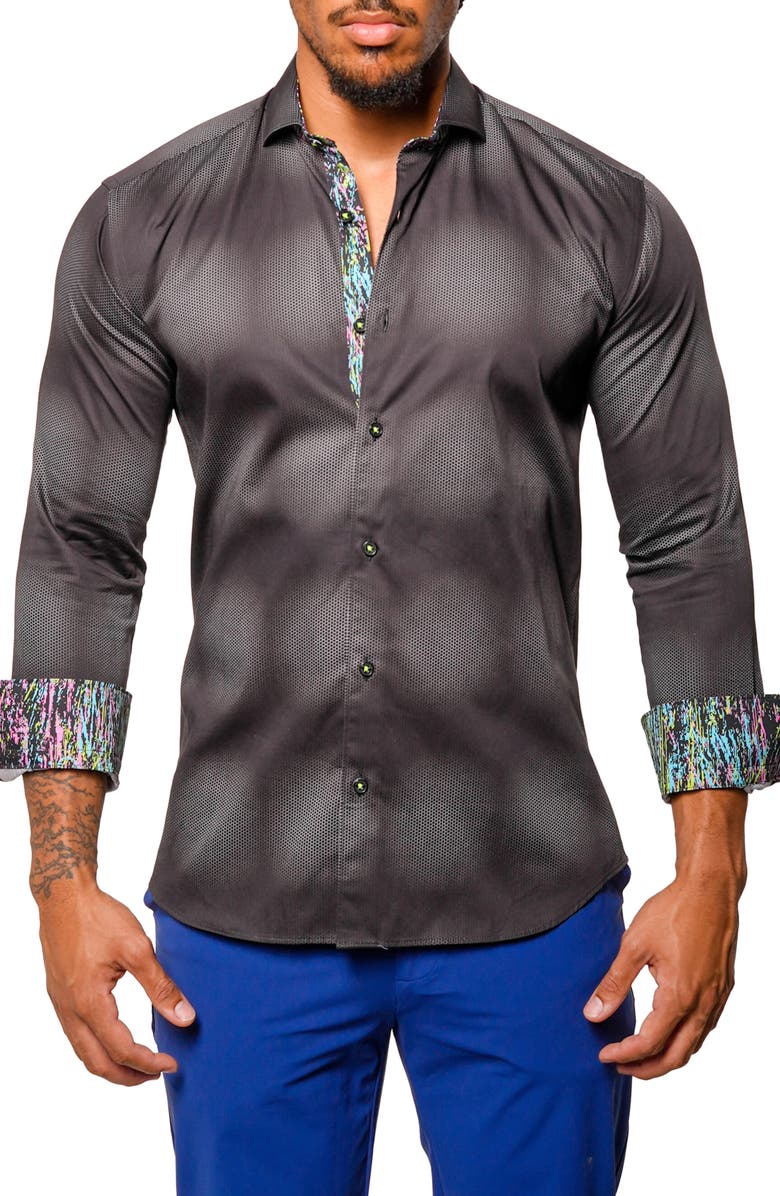 Maceoo Einstein Tulleeffect Contemporary Fit Cotton Button-Up Shirt, Alternate, color, Black