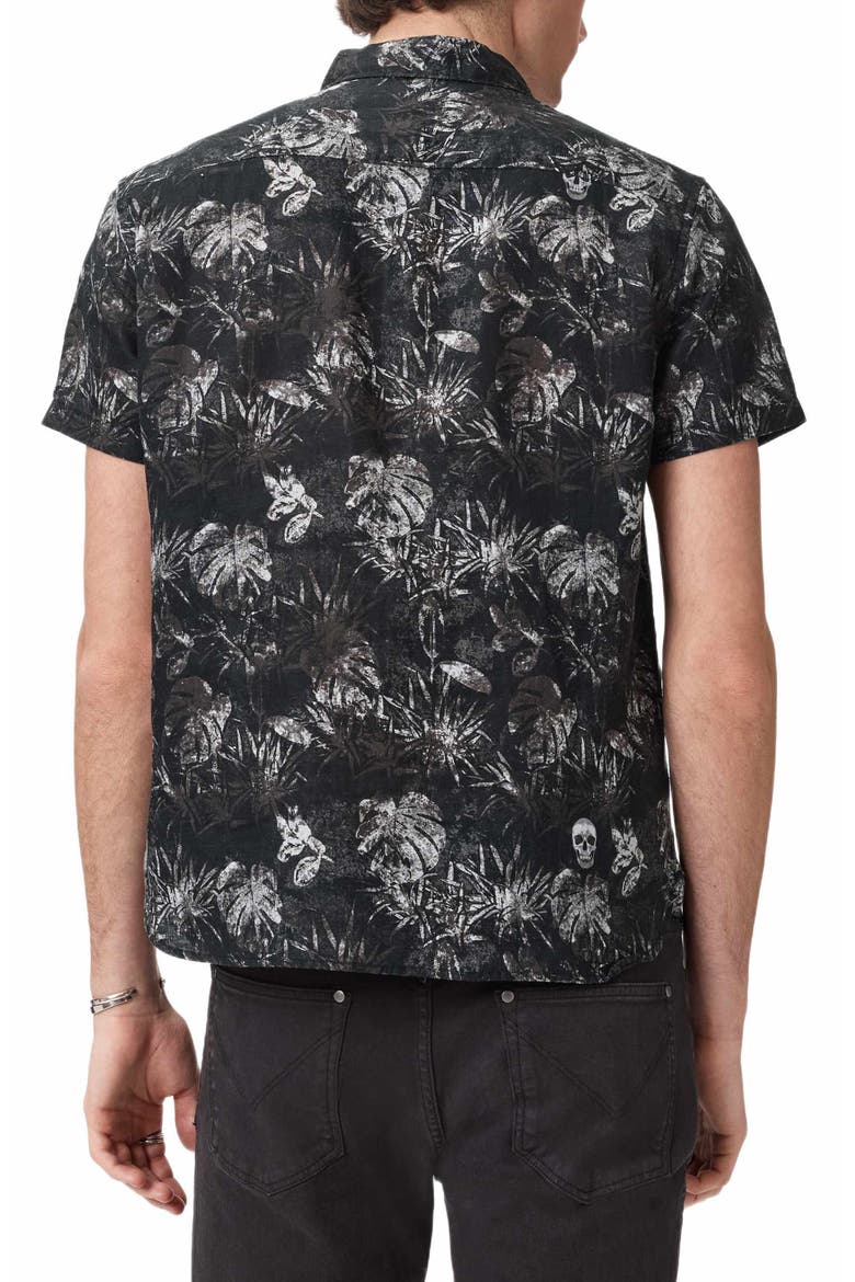 Sean Leaf Print Short Sleeve Linen Button-Up Shirt, Alternate, color, BLACK