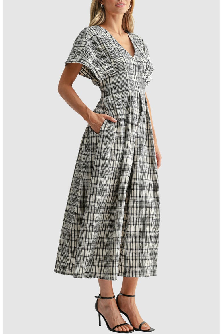 Plaid Pleated Dolman Sleeve Cotton Blend Dress, Alternate, color, IVORY BLACK PLAID