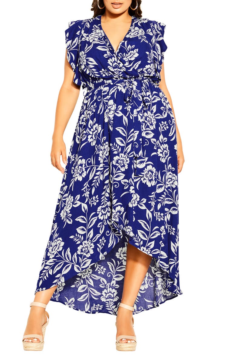 Castaway Floral High-Low Maxi Dress, Main, color, COBALT FLORAL