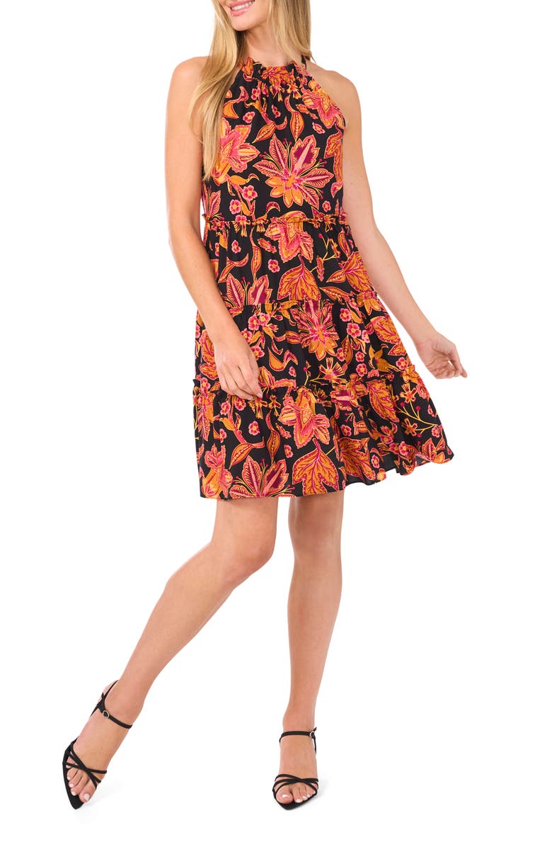 CeCe Floral Tiered Trapeze Dress, Main, color, Rich Black