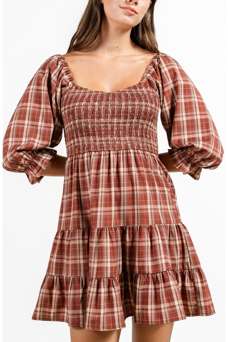 Plaid Three-Quarter Sleeve Tiered Dress, Alternate, color, RUST