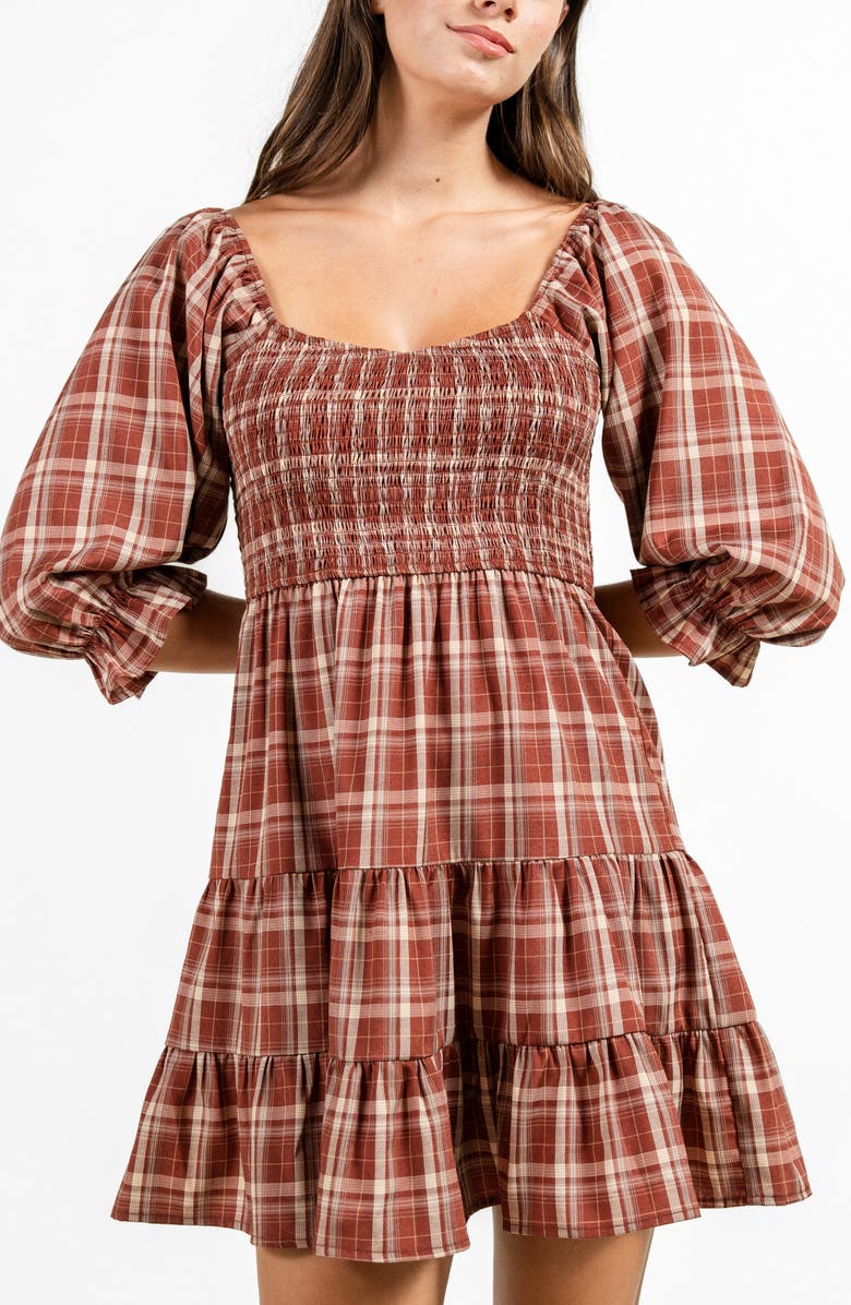 Beivy Plaid Three-Quarter Sleeve Tiered Dress, Alternate, color, Rust