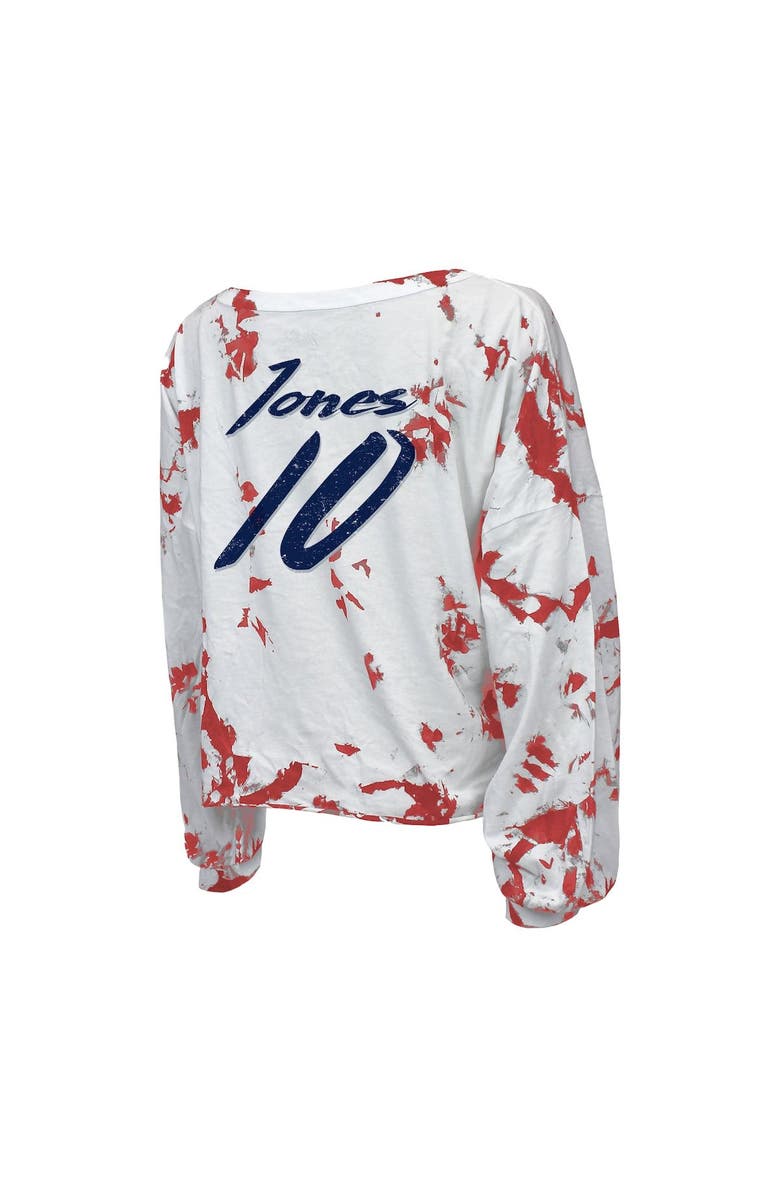 Majestic Threads Women's Majestic Threads Mac Jones White New England Patriots Off-Shoulder Tie-Dye Name & Number Cropped Long Sleeve V-Neck T-Shirt, Alternate, color, 