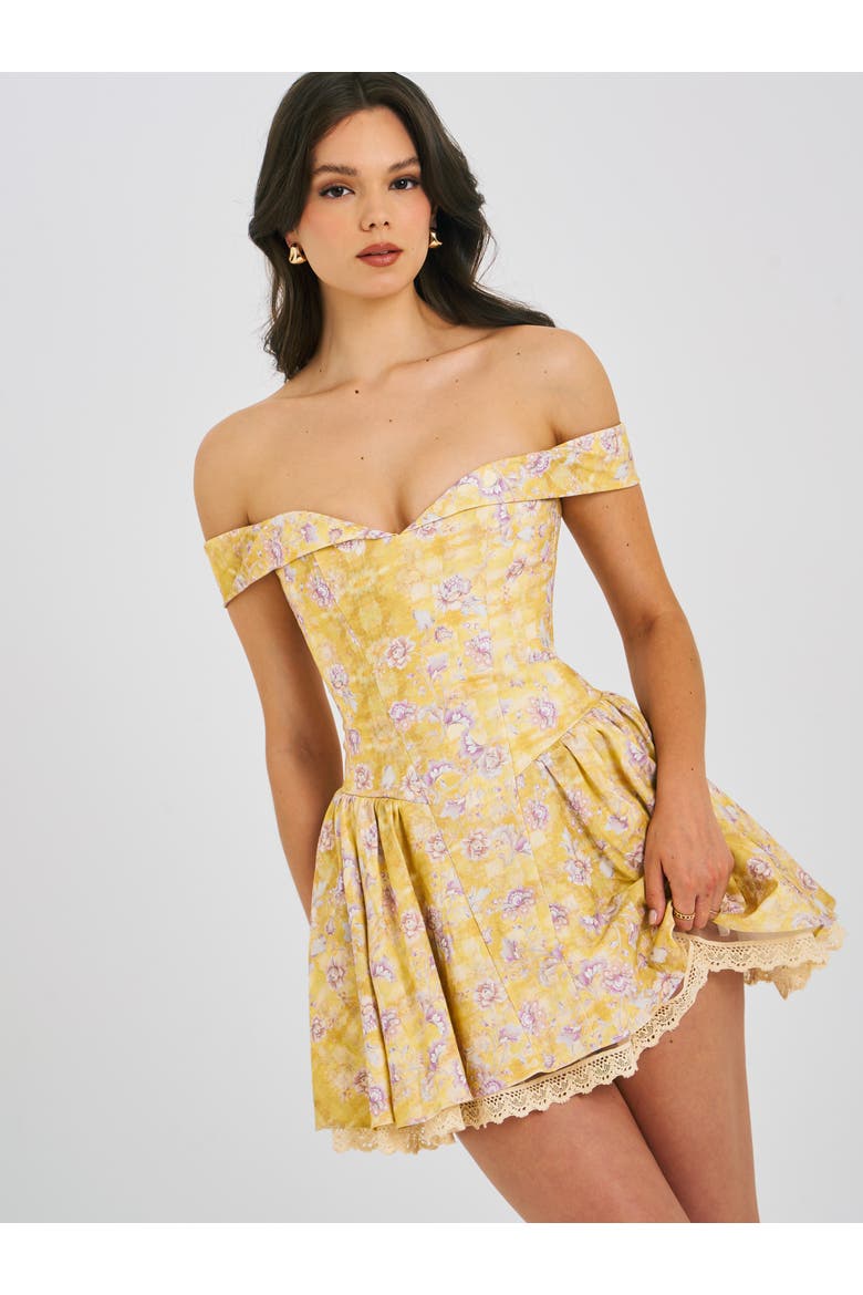 Oana Floral Print Linen Collared Off Shoulder Mini Dress, Alternate, color, Floral print