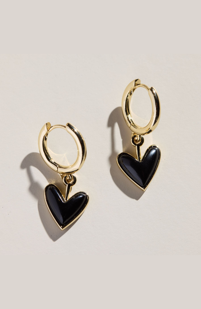 Nickel & Suede Sweetheart Huggie Earrings, Main, color, Onyx / Gold Metal