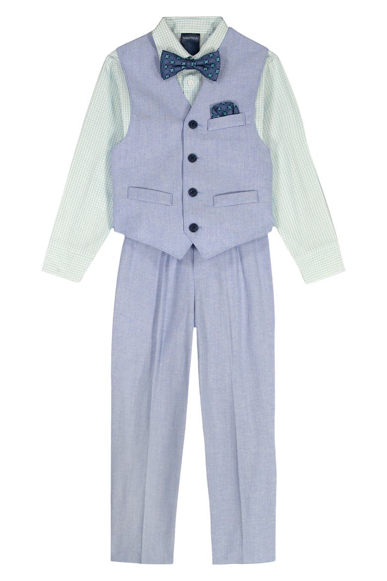 Kids' Button-Up Shirt, Bow Tie, Vest & Pants Set, Main, color, MED BLUE