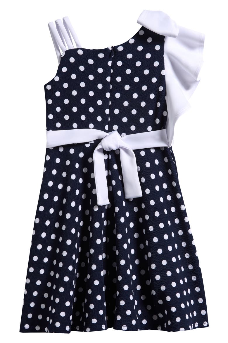 Kids' Polka Dot Bow Asymmetric Party Dress, Alternate, color, NAVY