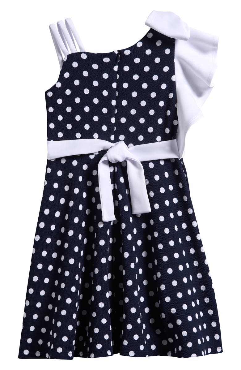 Iris & Ivy Kids' Polka Dot Bow Asymmetric Party Dress, Alternate, color, Navy
