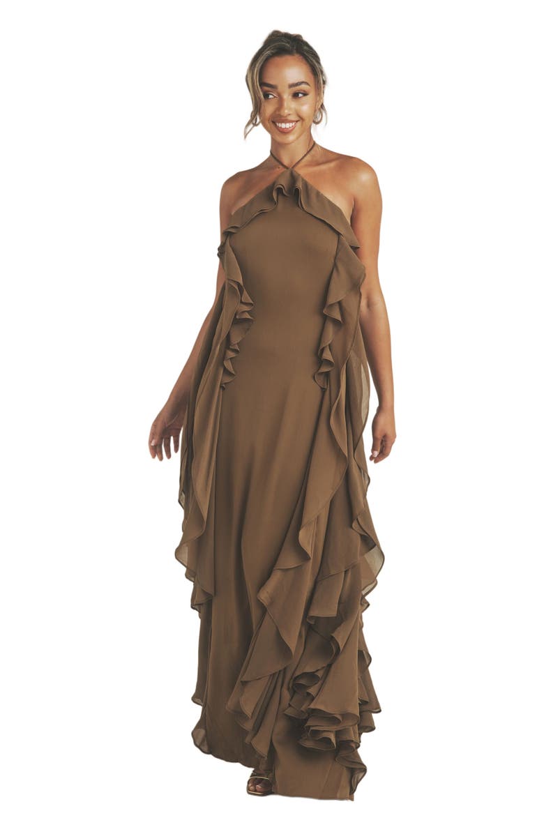 Six Stories Whitney Ruffle Halter Neck Maxi Dress, Main, color, Olive