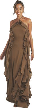 Six Stories Whitney Ruffle Halter Neck Maxi Dress