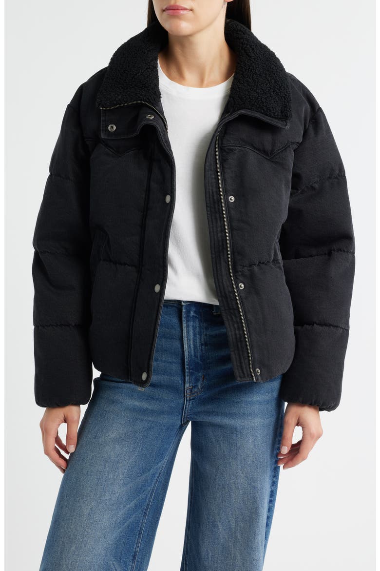 Denim × Faux Shearing Puffer Jacket Western Denim Faux Shearling Collar Puffer Jacket (Women