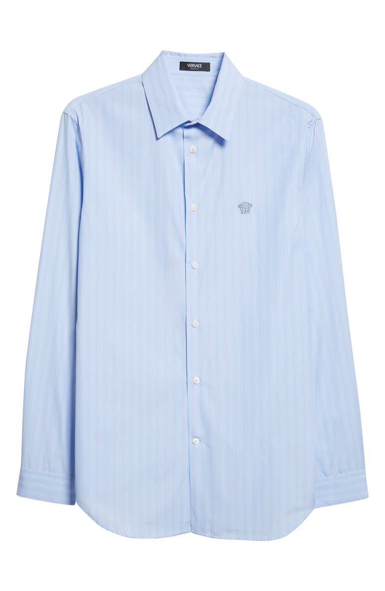 Versace Medusa Embroidered Stripe Cotton Poplin Button-Up Shirt, Alternate, color, Pastel Blue Pastel Pink