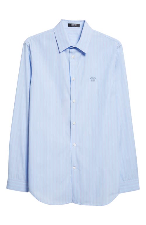 Versace Medusa Embroidered Stripe Cotton Poplin Button-up Shirt In Blue