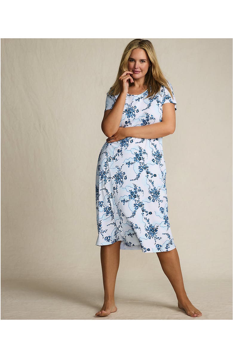 Lands
 End Cotton Short Sleeve Midcalf Nightgown, Alternate, color, White/Muted Cobalt Lace Floral