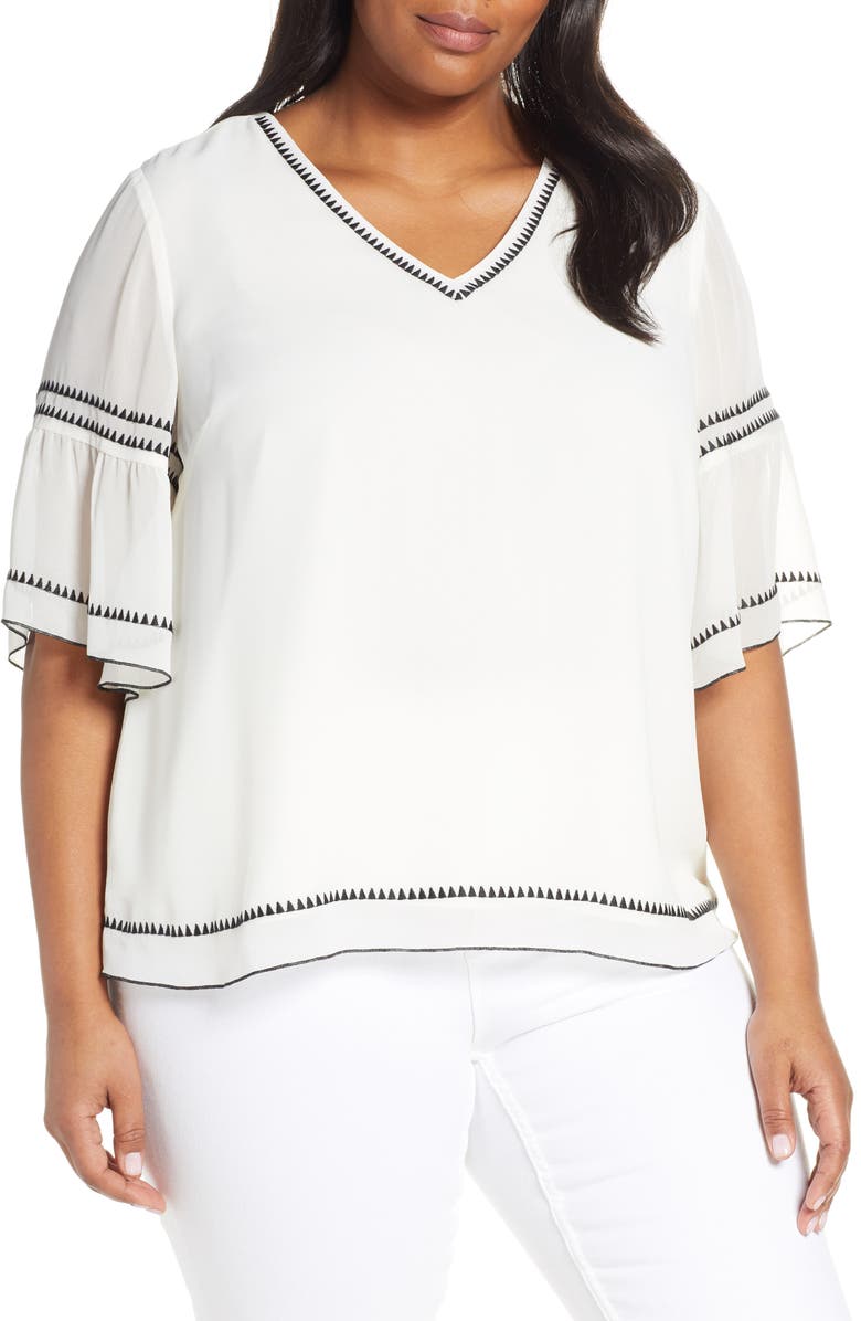 Vince Camuto Bell Sleeve Embroidered Chiffon Top, Main, color, Pearl Ivory