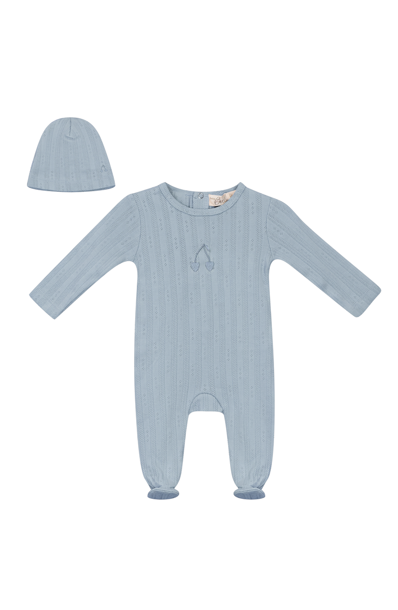 Bebe Bella Embroidered Cherry Pointelle Romper with Hat, Main, color, Blue Mist