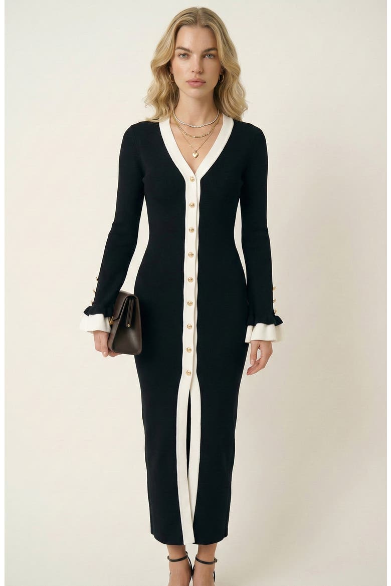 Ribbed Knit Contrast Trim Button Front Midi Dress, Main, color, Black / White