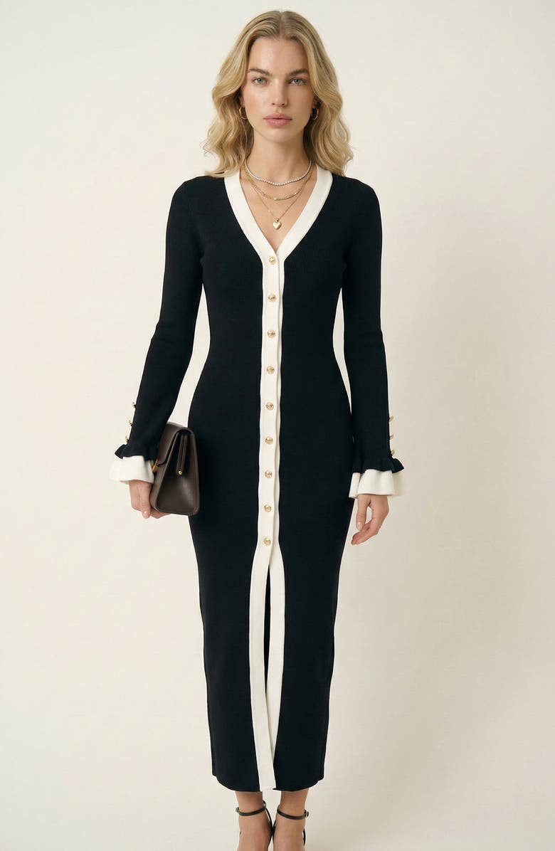 Modenaire Ribbed Knit Contrast Trim Button Front Midi Dress, Main, color, Black / White