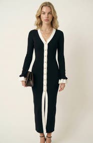 Modenaire Ribbed Knit Contrast Trim Button Front Midi Dress