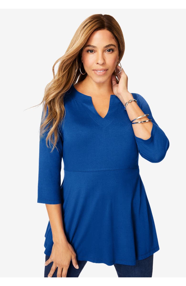 Jessica London Stretch Knit Henley Notch Babydoll Tunic, Alternate, color, Neutral Bias Geo