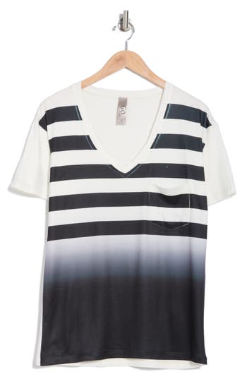 Go Couture V-neck Pocket T-shirt In White Black Stripe Dip Print