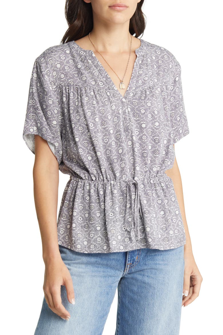 Floral Drawstring Waist Top, Main, color, GREY- IVORY DAISYFOULARD