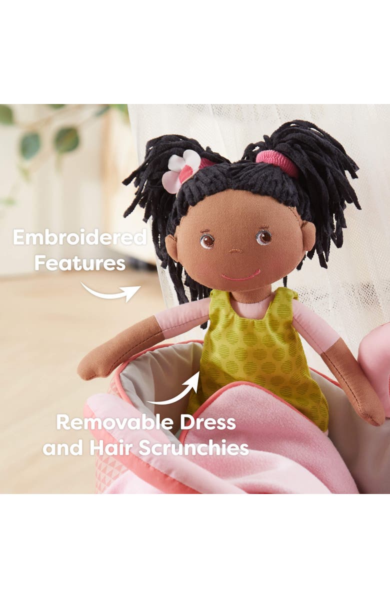 HABA Cari 12" Black Baby Doll with Black Pigtails, Embroidered Face, Removable Green Dress, Machine Washable Soft Baby Doll - 18 Months+, Alternate, color, Green Multi